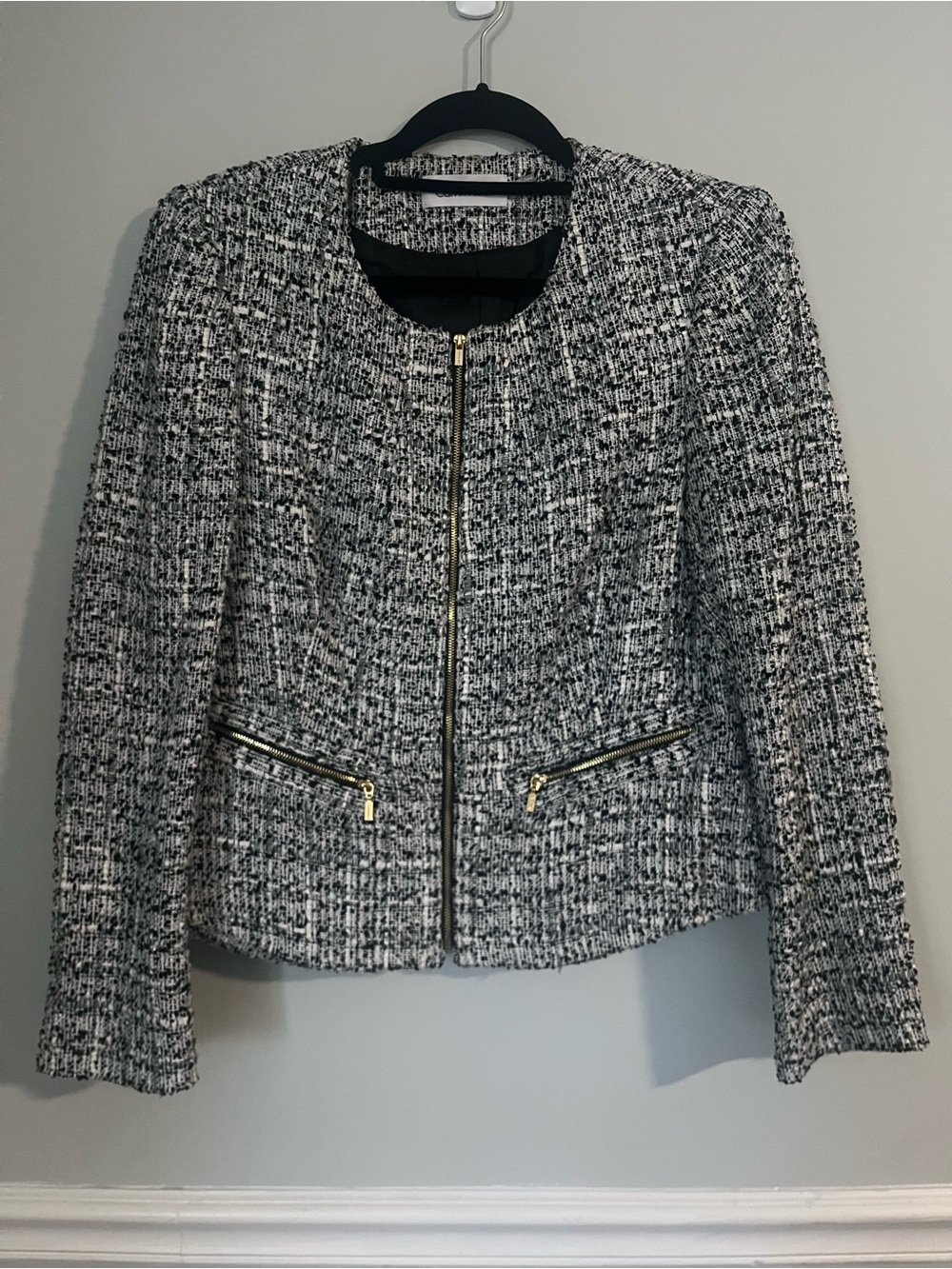 Calvin Klein Black & White Tweed Zip-Front Blazer